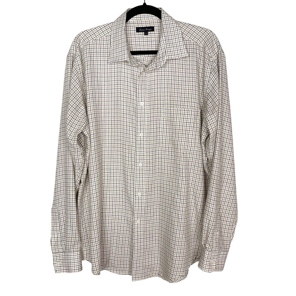 James Pringle Mens Large Cream Yellow Plaid Flannel Dress Shirt Cotton Blend